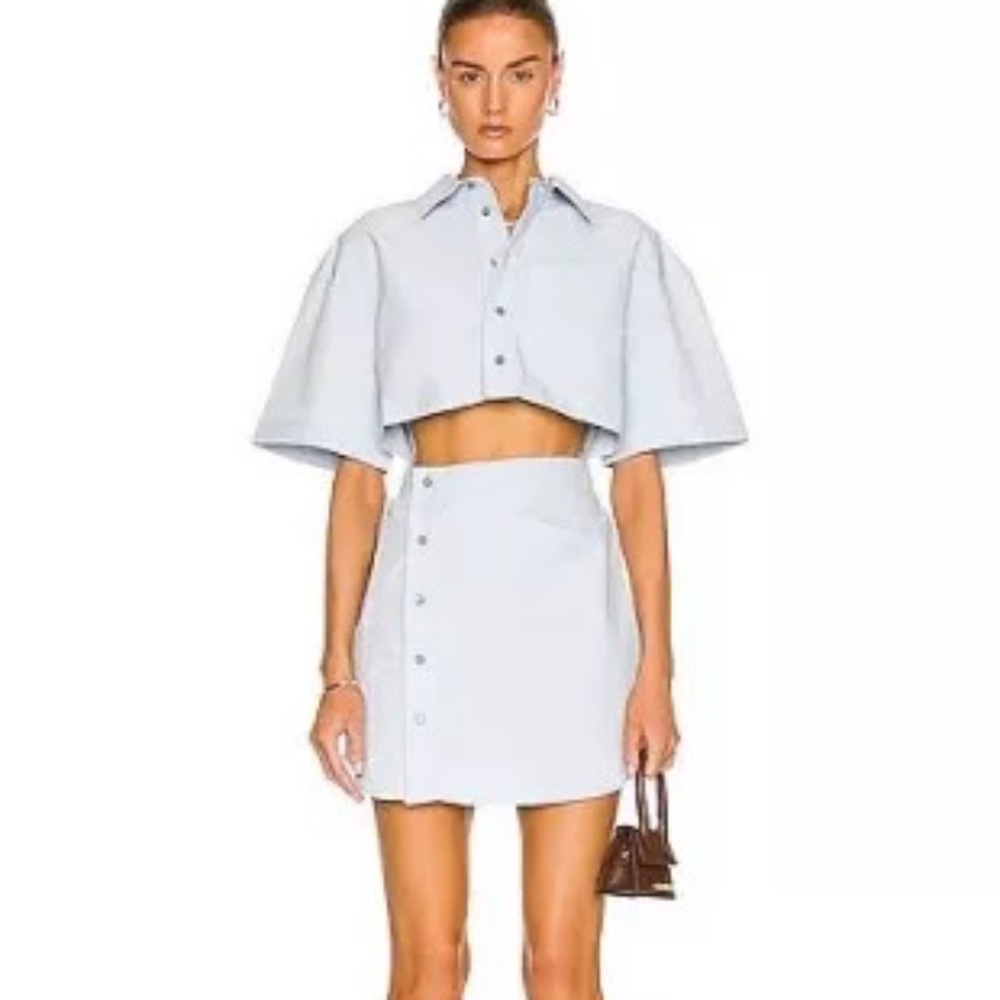 Jacquemus Light Blue Cropped Cape Shirt and Mini Skirt Set